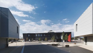 Steel plays a starring role at the entry to each SWIS, were a two-storey-high inverted L-shaped canopy is clad in Stramit Longspan® made from COLORBOND® steel that touches the ground